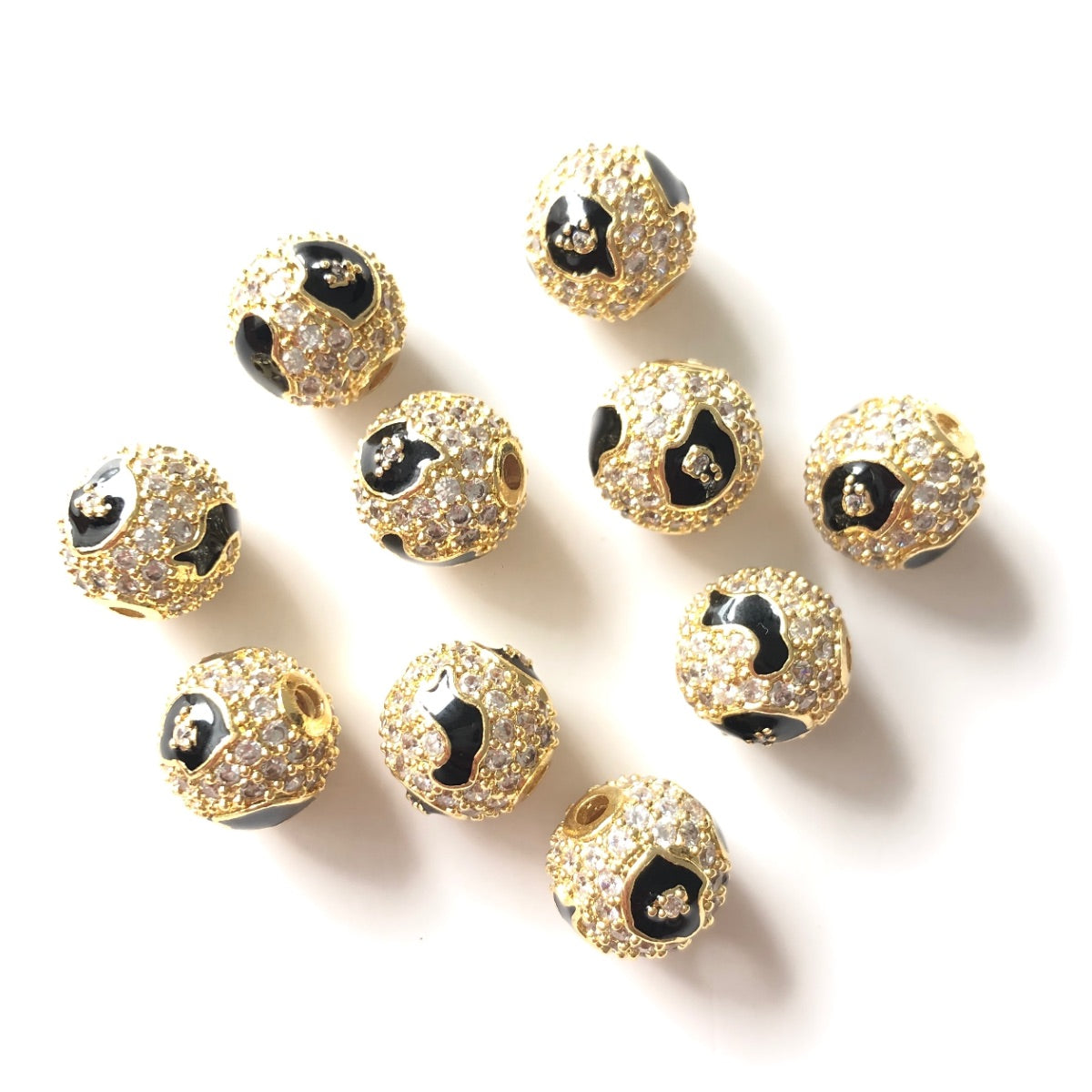 10-20-50pcs/lot 10mm Black Leopard Print Pattern CZ Paved Ball Spacers Beads Gold CZ Paved Spacers 10mm Beads Ball Beads Leopard Printed New Spacers Arrivals Charms Beads Beyond