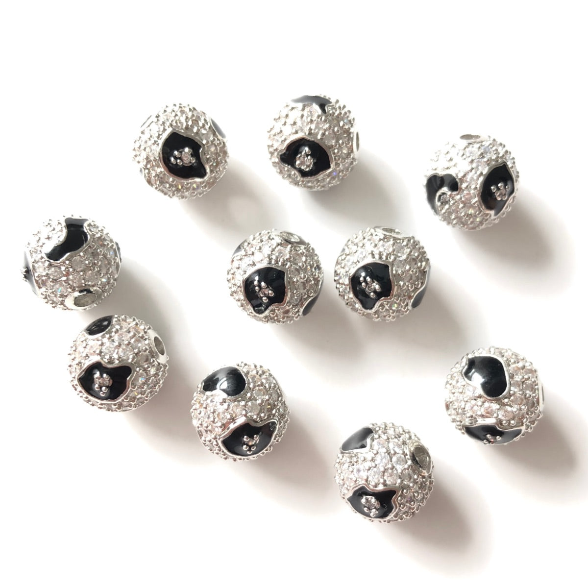 10-20-50pcs/lot 10mm Black Leopard Print Pattern CZ Paved Ball Spacers Beads Silver CZ Paved Spacers 10mm Beads Ball Beads Leopard Printed New Spacers Arrivals Charms Beads Beyond