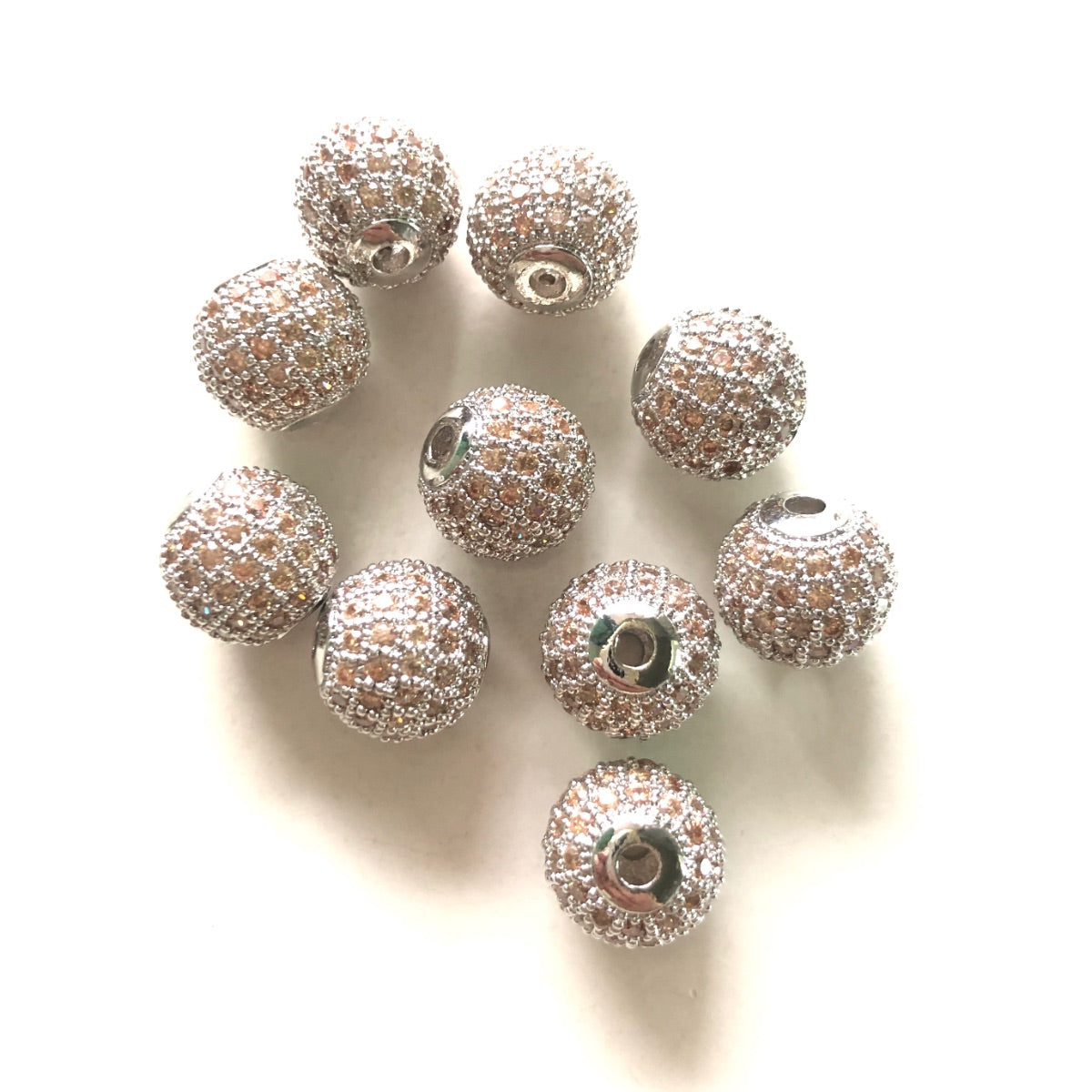 10pcs/lot 10mm Champagne CZ Paved Ball Beads Spacers Silver CZ Paved Spacers 10mm Beads Ball Beads Colorful Zirconia Charms Beads Beyond