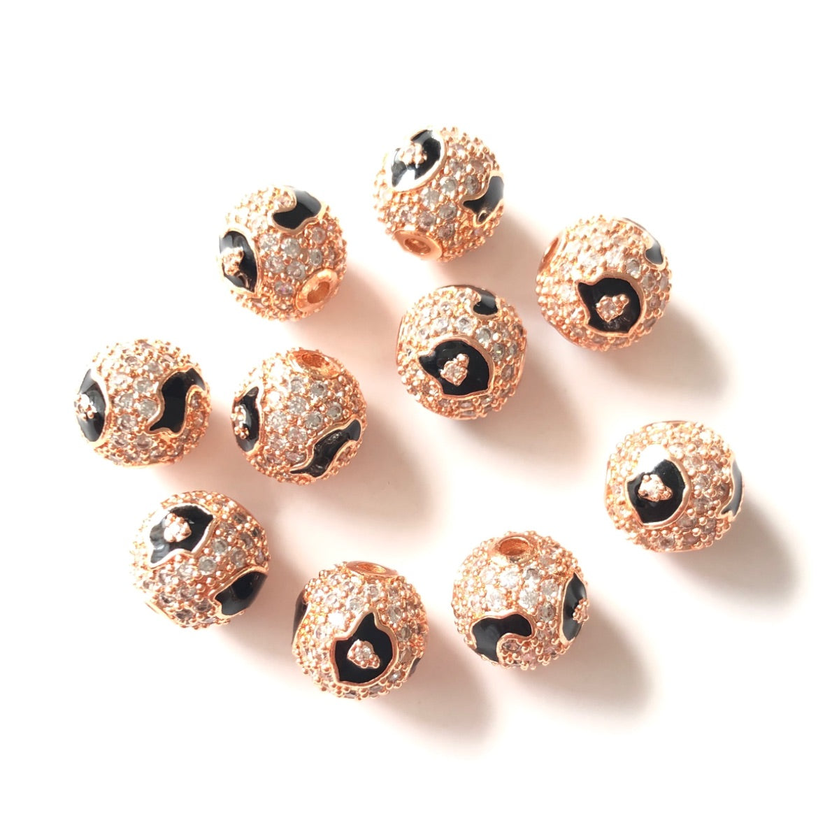 10-20-50pcs/lot 10mm Black Leopard Print Pattern CZ Paved Ball Spacers Beads Rose Gold CZ Paved Spacers 10mm Beads Ball Beads Leopard Printed New Spacers Arrivals Charms Beads Beyond