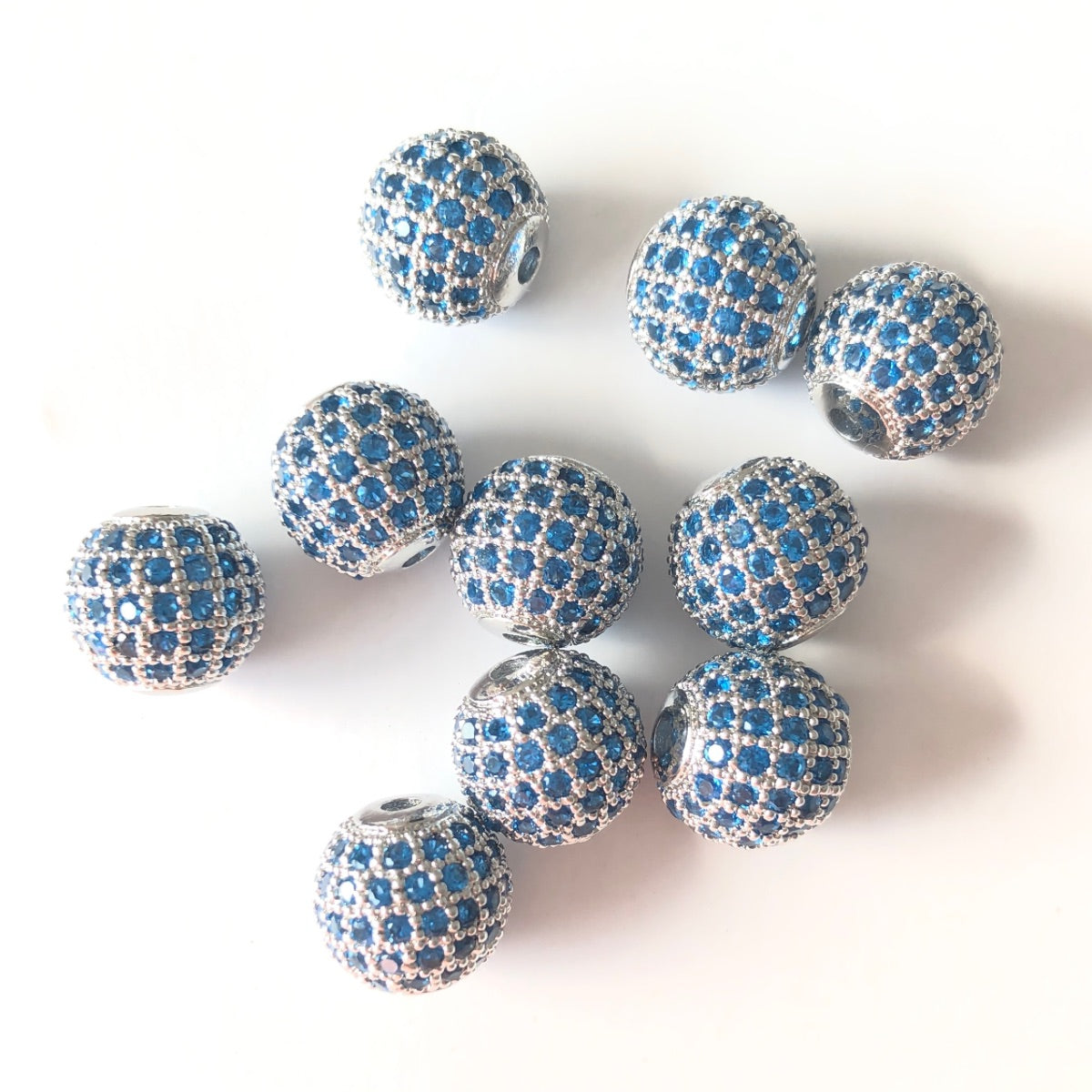 10pcs/lot 10mm Lake Blue CZ Paved Ball Beads Spacers Silver CZ Paved Spacers 10mm Beads Ball Beads Colorful Zirconia Charms Beads Beyond