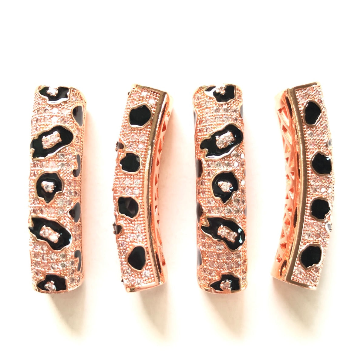 5-10pcs/lot 37.7*9mm Black Enamel Leopard Print CZ Paved Tube Bar Spacers Rose Gold CZ Paved Spacers Leopard Printed New Spacers Arrivals Tube Bar Centerpieces Charms Beads Beyond