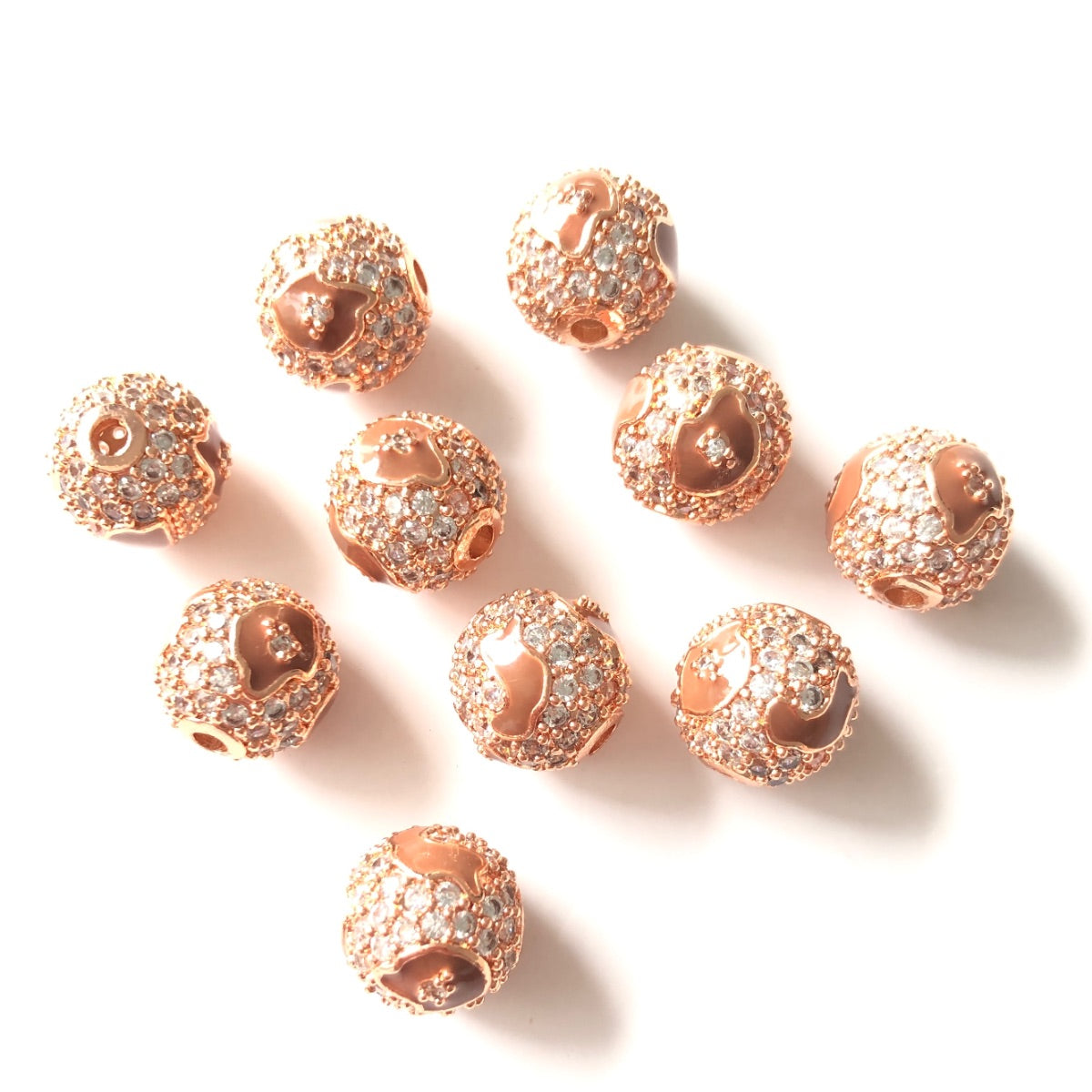 10-20-50pcs/lot 10mm Brown Leopard Print Pattern CZ Paved Ball Spacers Beads Rose Gold CZ Paved Spacers 10mm Beads Ball Beads Leopard Printed New Spacers Arrivals Charms Beads Beyond