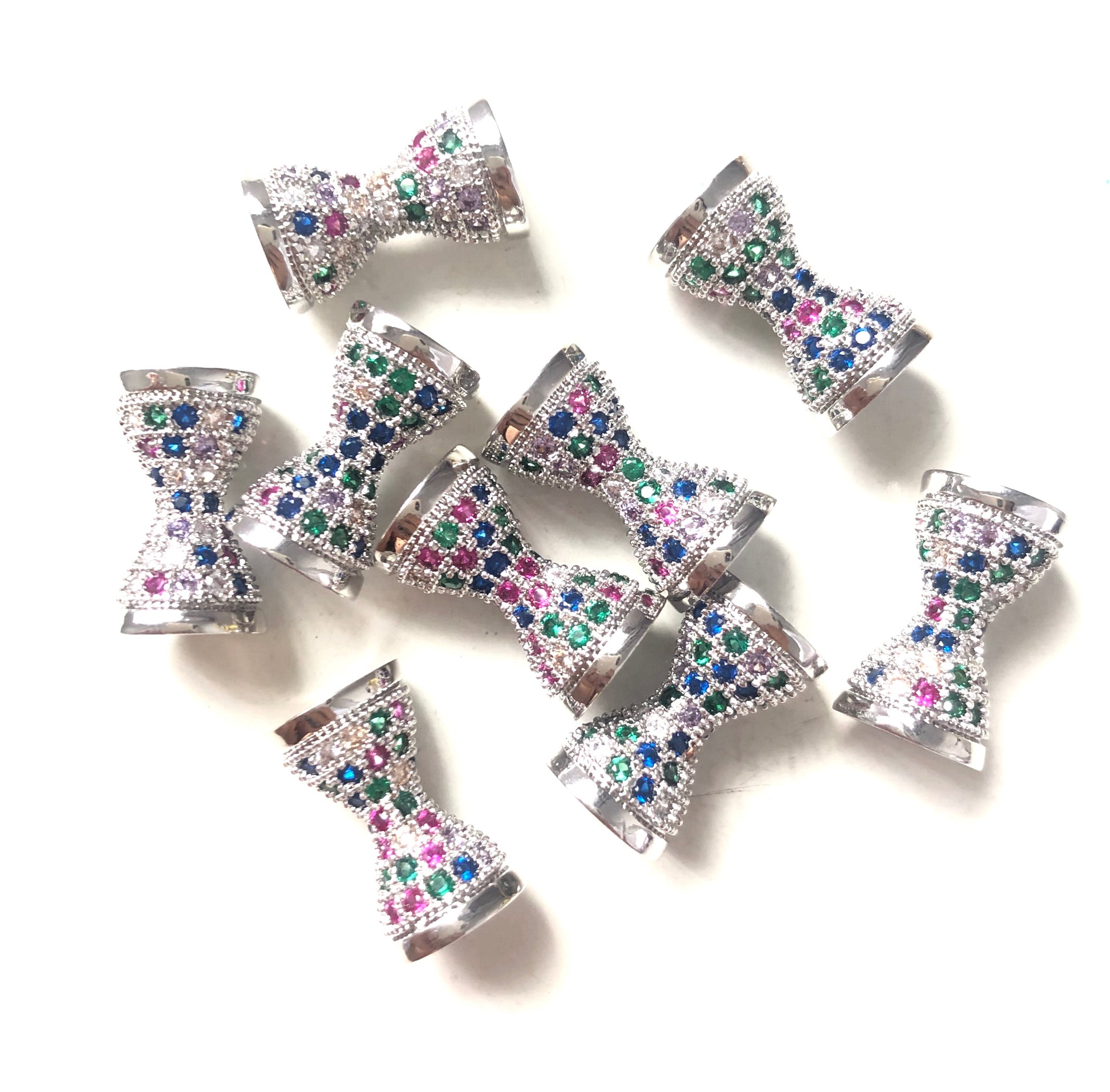 10pcs/lot 17.5*9.6mm Multicolor CZ Paved Hourglass Spacers Silver CZ Paved Spacers Colorful Zirconia Hourglass Beads Charms Beads Beyond