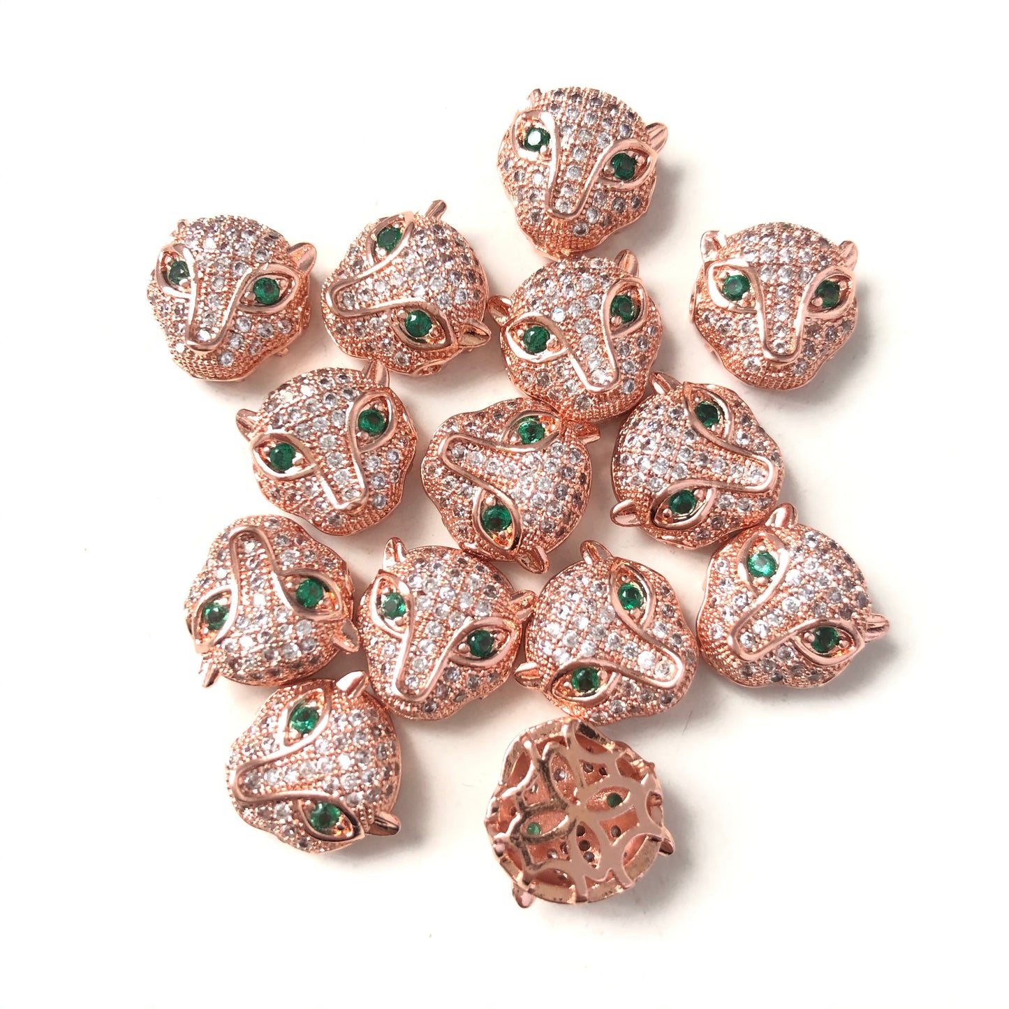 50pcs/lot Clear CZ Paved Panther Head Spacers Rose Gold Wholesale Charms Beads Beyond