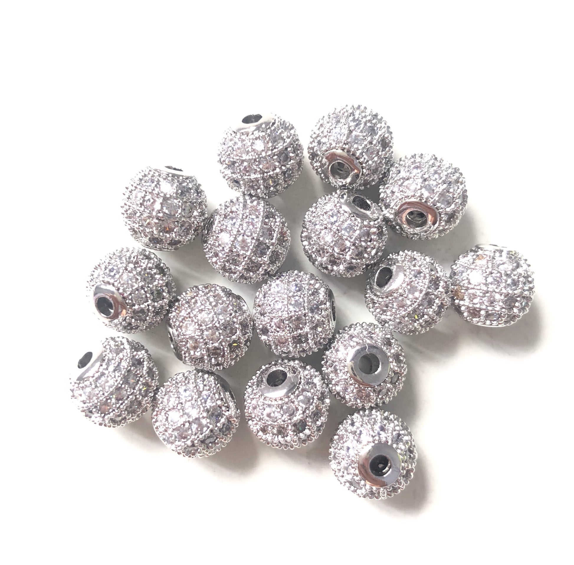 50pcs/lot 8mm CZ Paved Ball Spacers Silver Wholesale Charms Beads Beyond