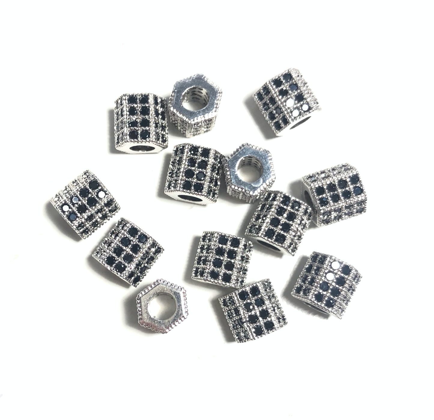 50pcs/lot 8*7mm Black CZ Paved Hexagon Spacers Silver Wholesale Charms Beads Beyond