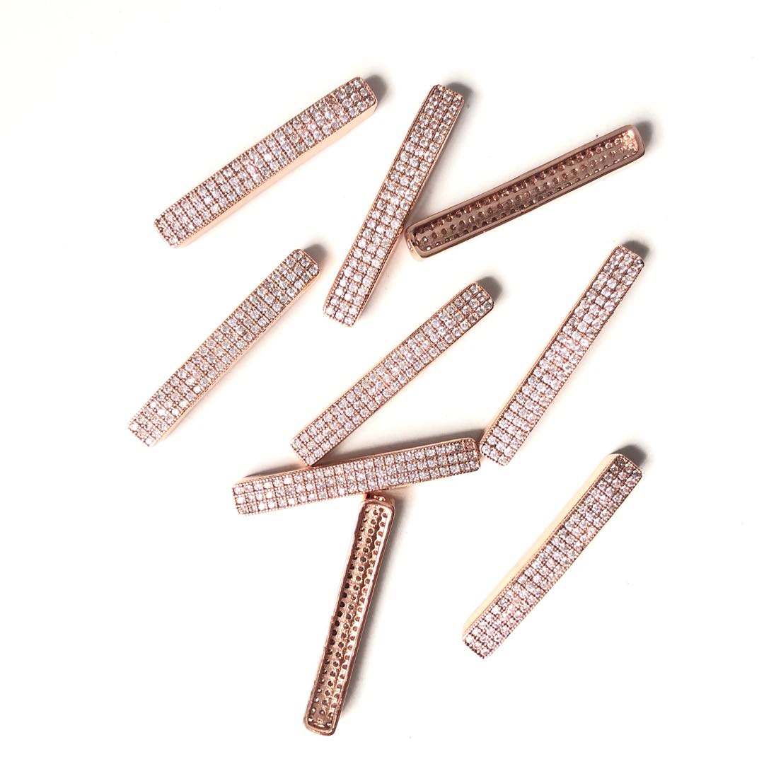 50pcs/lot 34.4*5mm Clear CZ Paved Flat Tube Spacers Rose Gold Wholesale Charms Beads Beyond