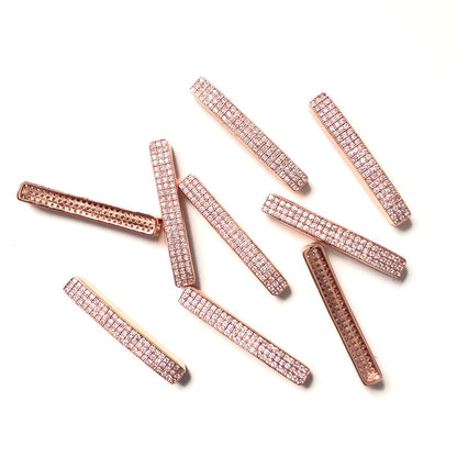 50pcs/lot 34.4*5mm Clear CZ Paved Flat Tube Spacers Rose Gold Wholesale Charms Beads Beyond