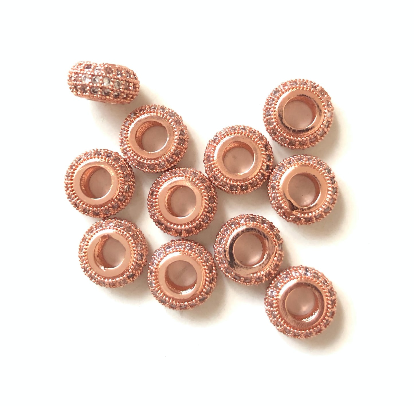 20pcs/lot 8.6*4.9mm Clear CZ Paved Wheel Rondelle Spacers Rose Gold CZ Paved Spacers Rondelle Beads Charms Beads Beyond