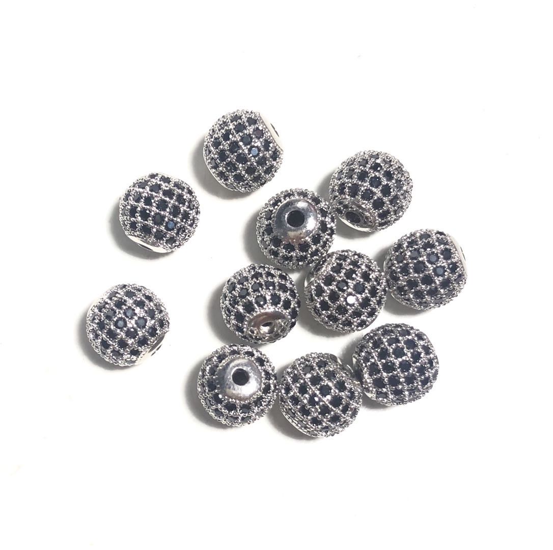 50-100pcs/lot 10mm Black CZ Paved Ball Spacers Silver Wholesale Charms Beads Beyond