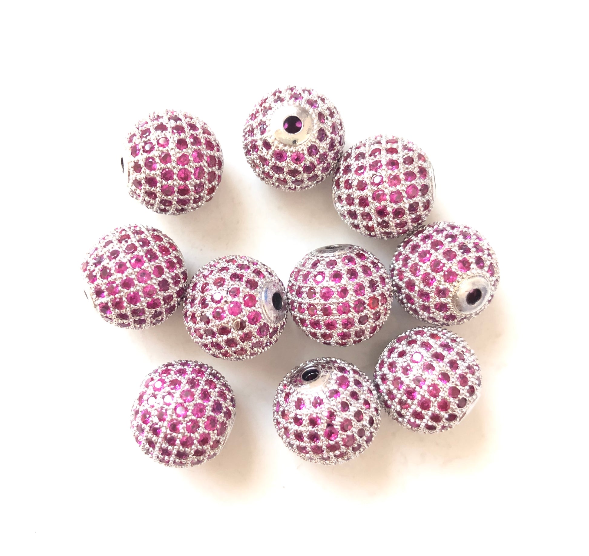 5/10/20pcs/lot 12mm Fuchsia Red CZ Paved Ball Spacers Silver CZ Paved Spacers 12mm Beads Ball Beads Colorful Zirconia Charms Beads Beyond