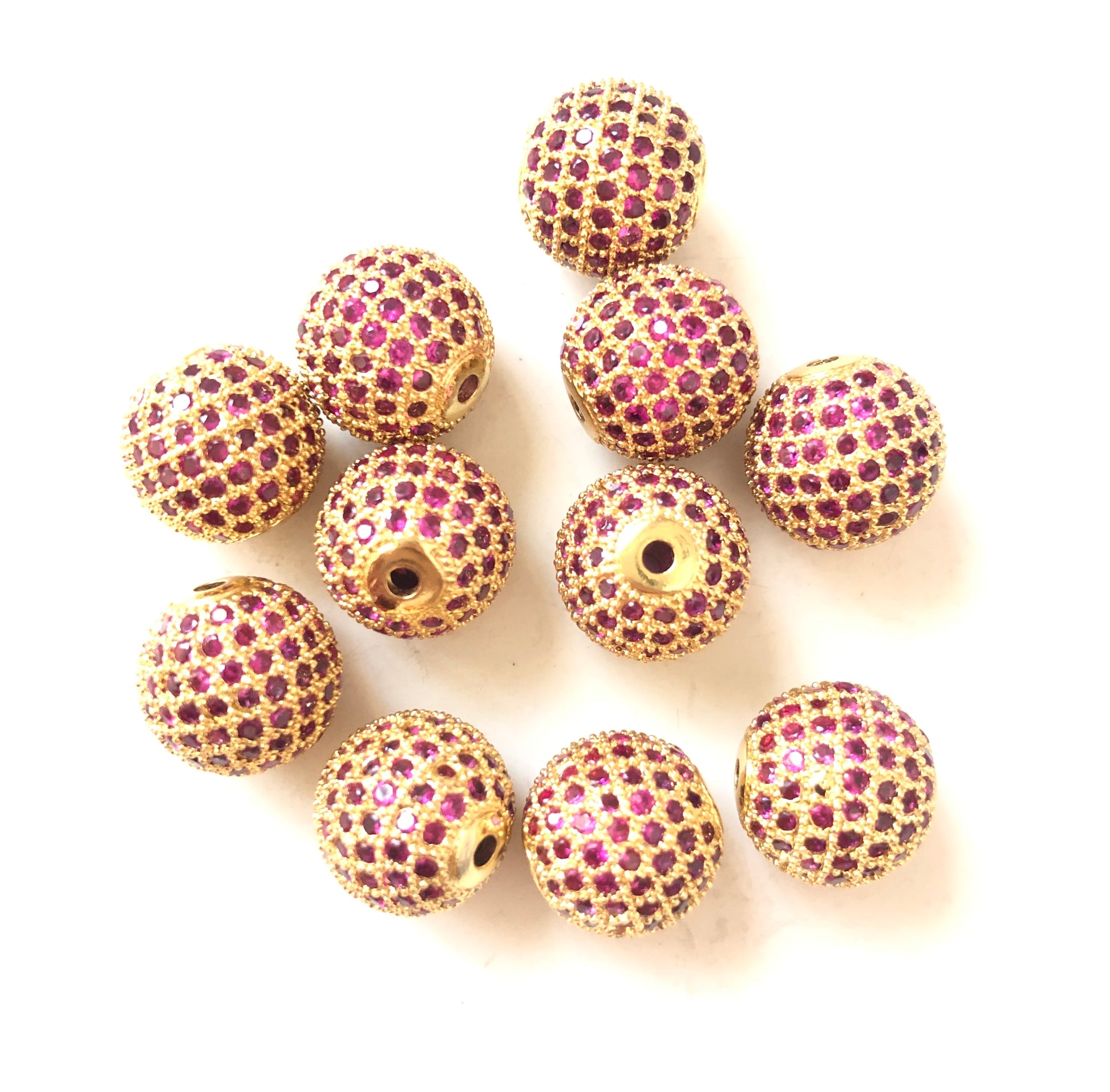 5/10/20pcs/lot 12mm Fuchsia Red CZ Paved Ball Spacers Gold CZ Paved Spacers 12mm Beads Ball Beads Colorful Zirconia Charms Beads Beyond