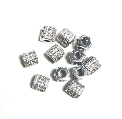 20pcs/lot 8*7mm Clear CZ Paved Hexagon Rondelle Spacers Silver CZ Paved Spacers Rondelle Beads Charms Beads Beyond