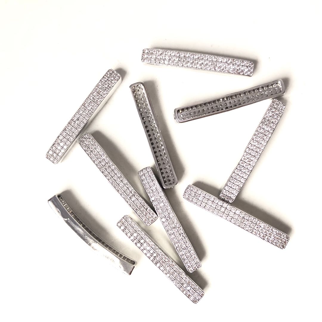 50pcs/lot 34.4*5mm Clear CZ Paved Flat Tube Spacers Silver Wholesale Charms Beads Beyond