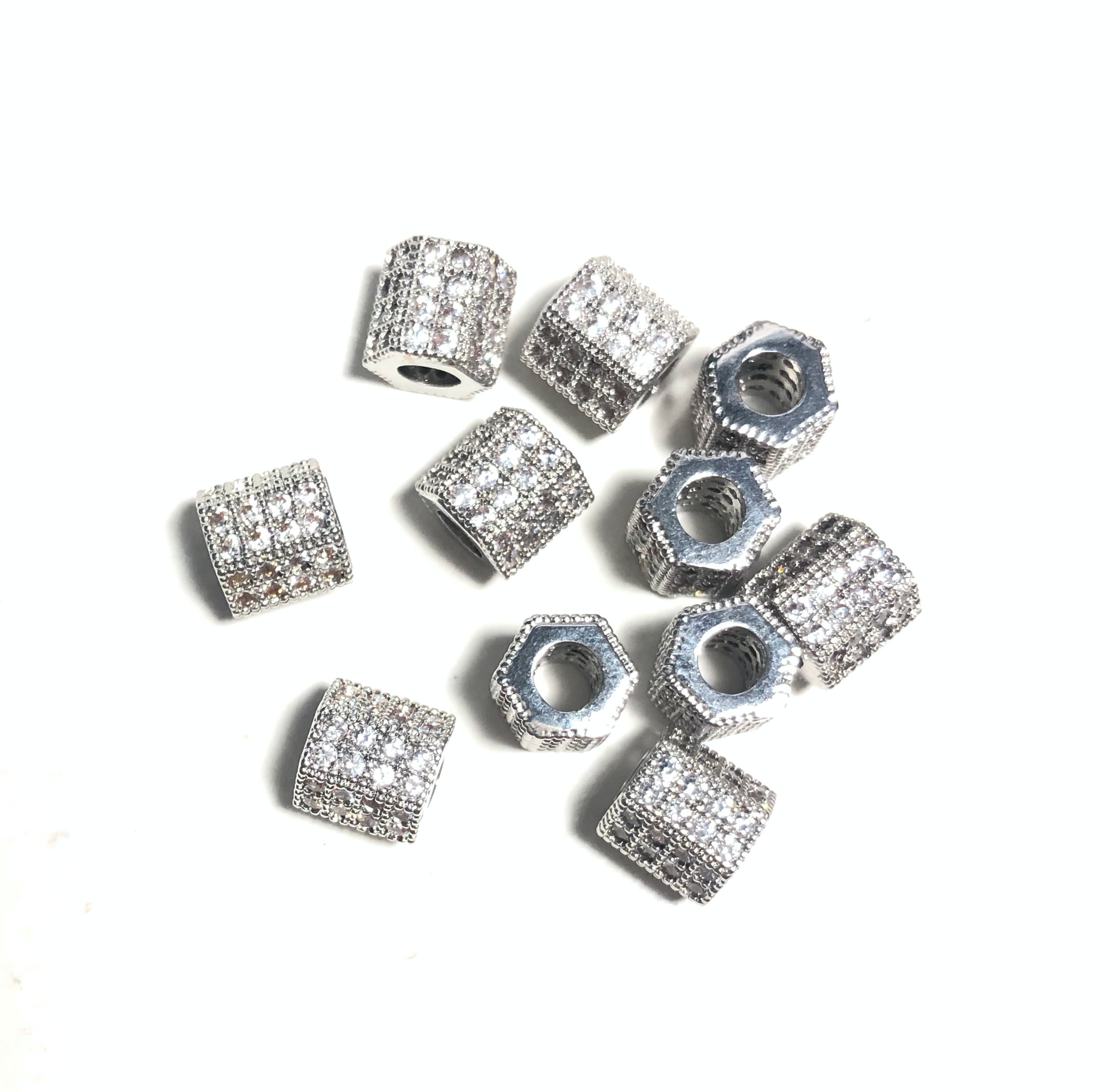 50pcs/lot 8*7mm Clear CZ Paved Hexagon Spacers Silver Wholesale Charms Beads Beyond