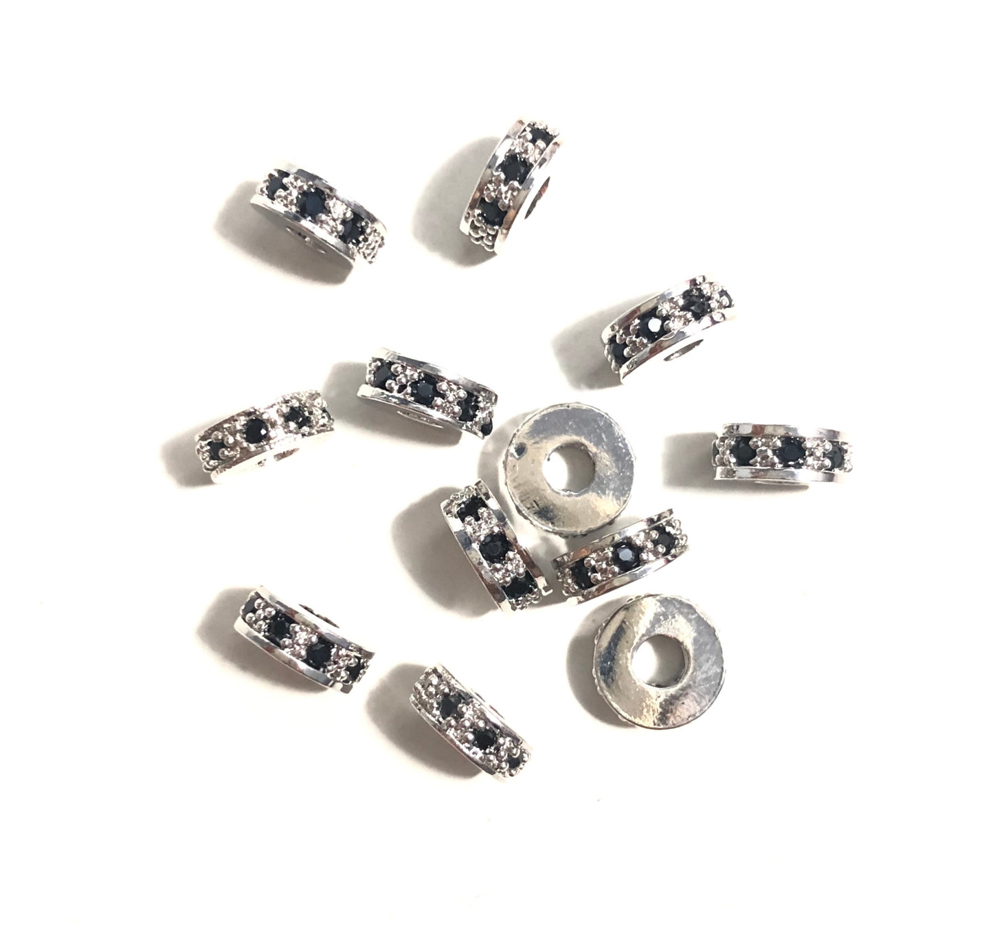 20pcs/lot 7*3mm Black CZ Paved Wheel Rondelle Spacers Silver CZ Paved Spacers Rondelle Beads Charms Beads Beyond