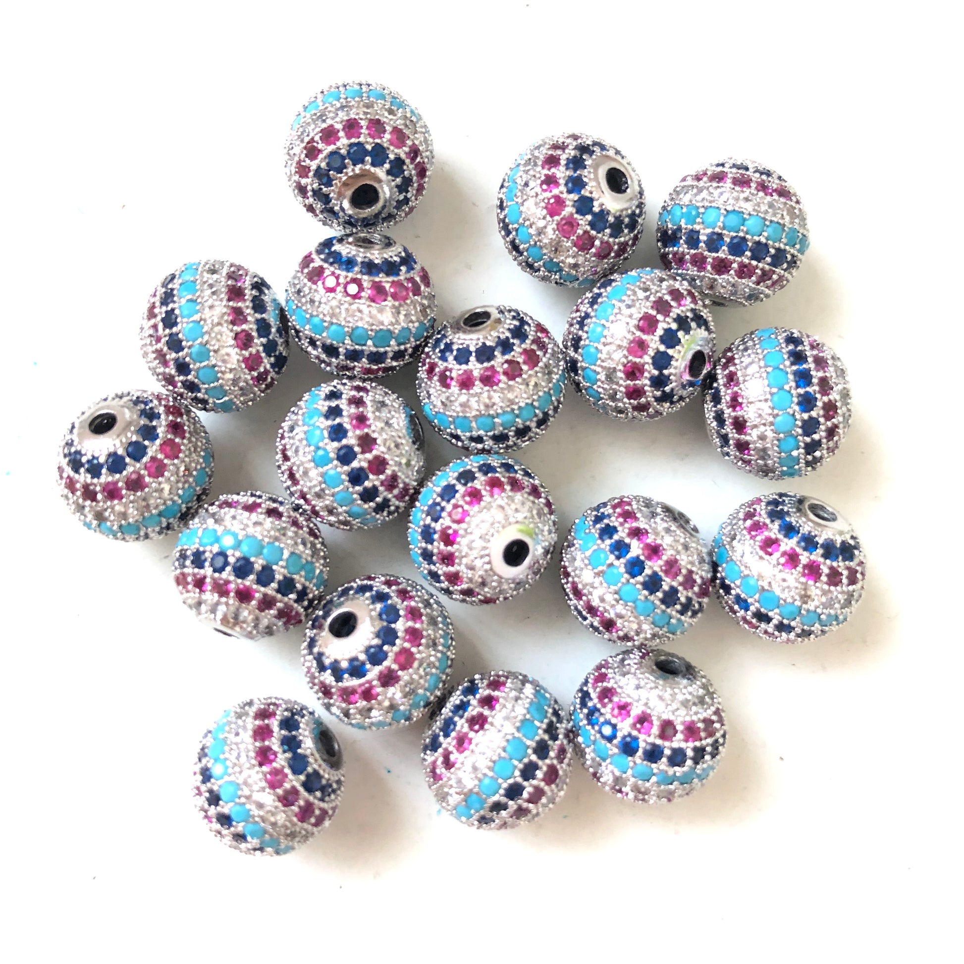 10pcs/lot 12mm Multicolor CZ Paved Ball Spacers Silver CZ Paved Spacers 12mm Beads Ball Beads Colorful Zirconia Charms Beads Beyond