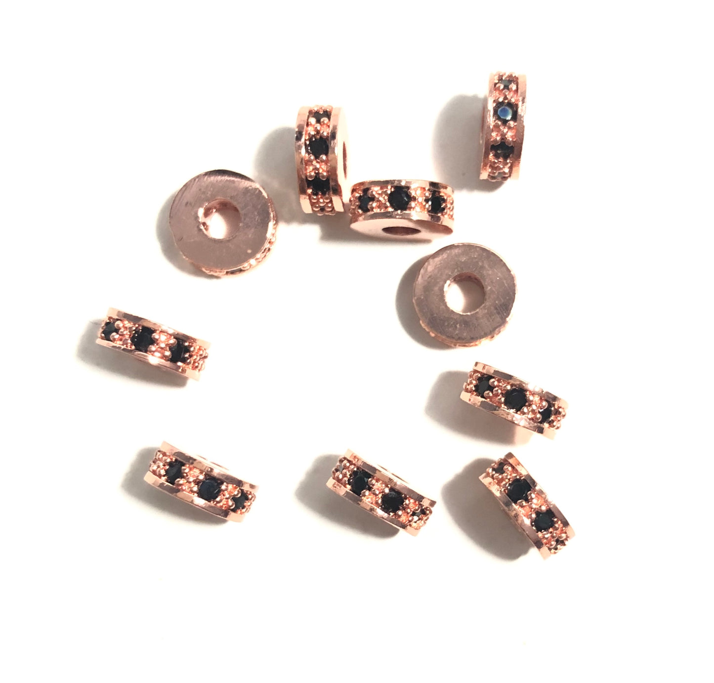 20pcs/lot 7*3mm Black CZ Paved Wheel Rondelle Spacers Rose Gold CZ Paved Spacers Rondelle Beads Charms Beads Beyond