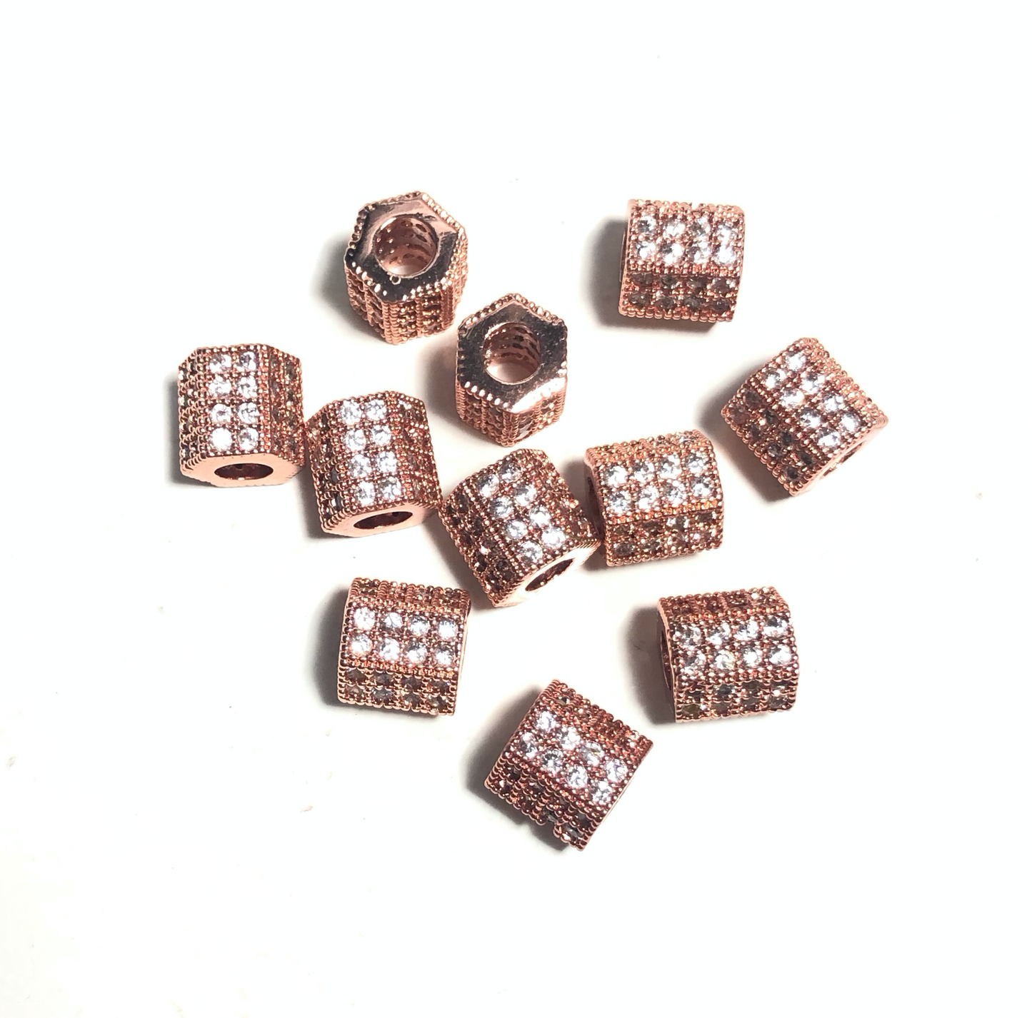 20pcs/lot 8*7mm Clear CZ Paved Hexagon Rondelle Spacers Rose Gold CZ Paved Spacers Rondelle Beads Charms Beads Beyond