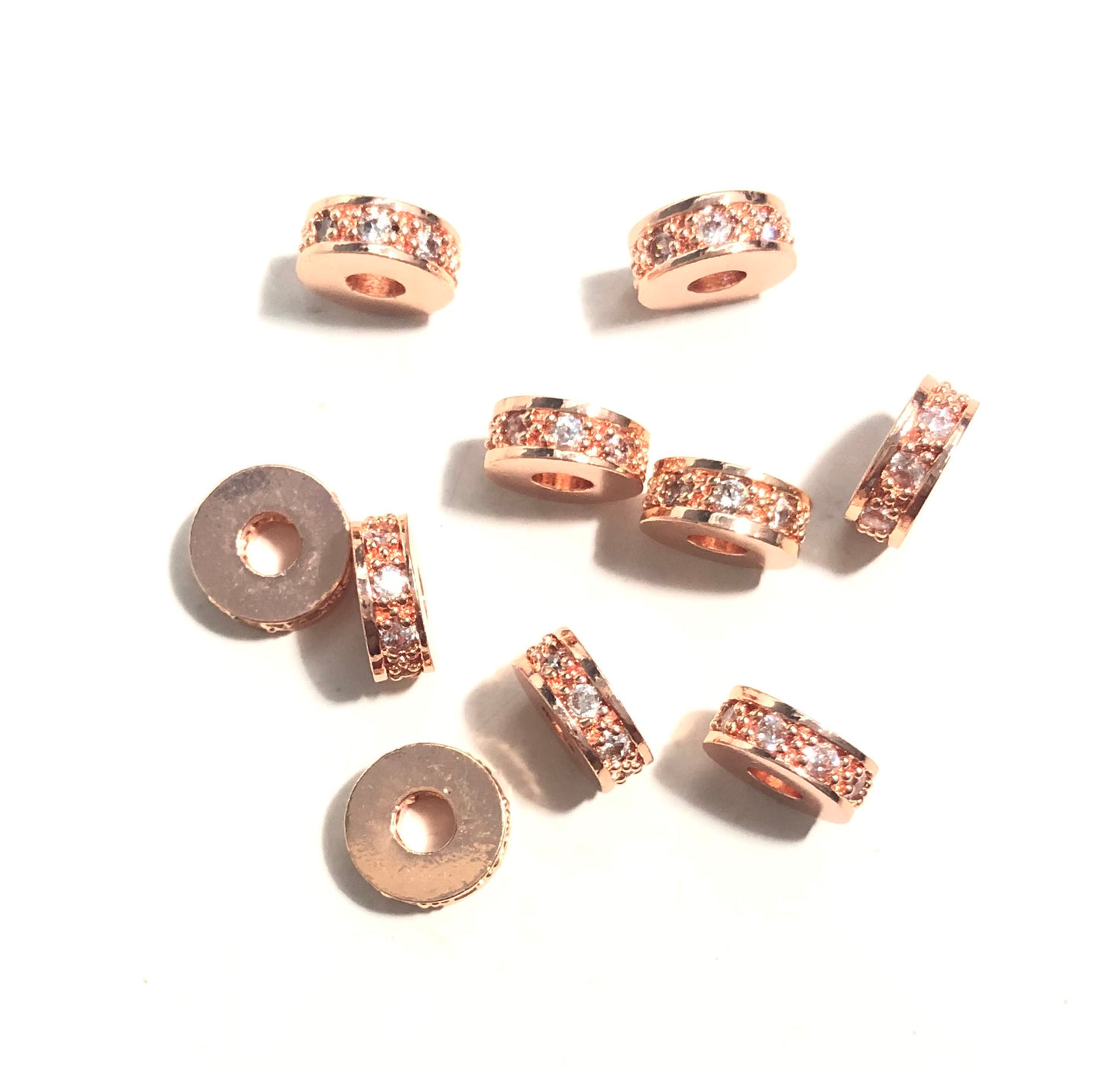 50pcs/lot 7*3mm Clear CZ Paved Wheel Spacers Rose Gold Wholesale Charms Beads Beyond