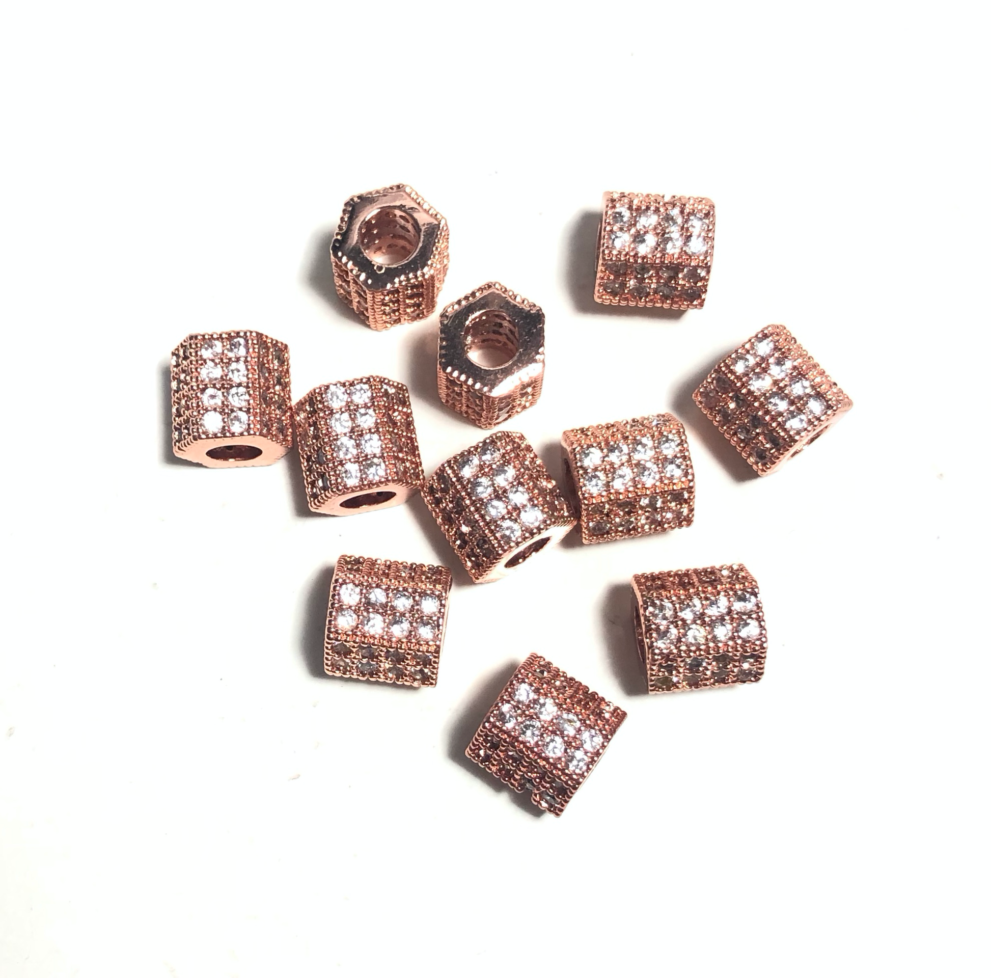 50pcs/lot 8*7mm Clear CZ Paved Hexagon Spacers Rose Gold Wholesale Charms Beads Beyond