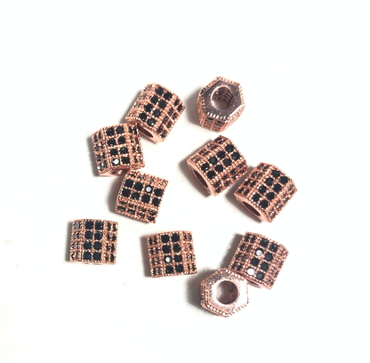 50pcs/lot 8*7mm Black CZ Paved Hexagon Spacers Rose Gold Wholesale Charms Beads Beyond