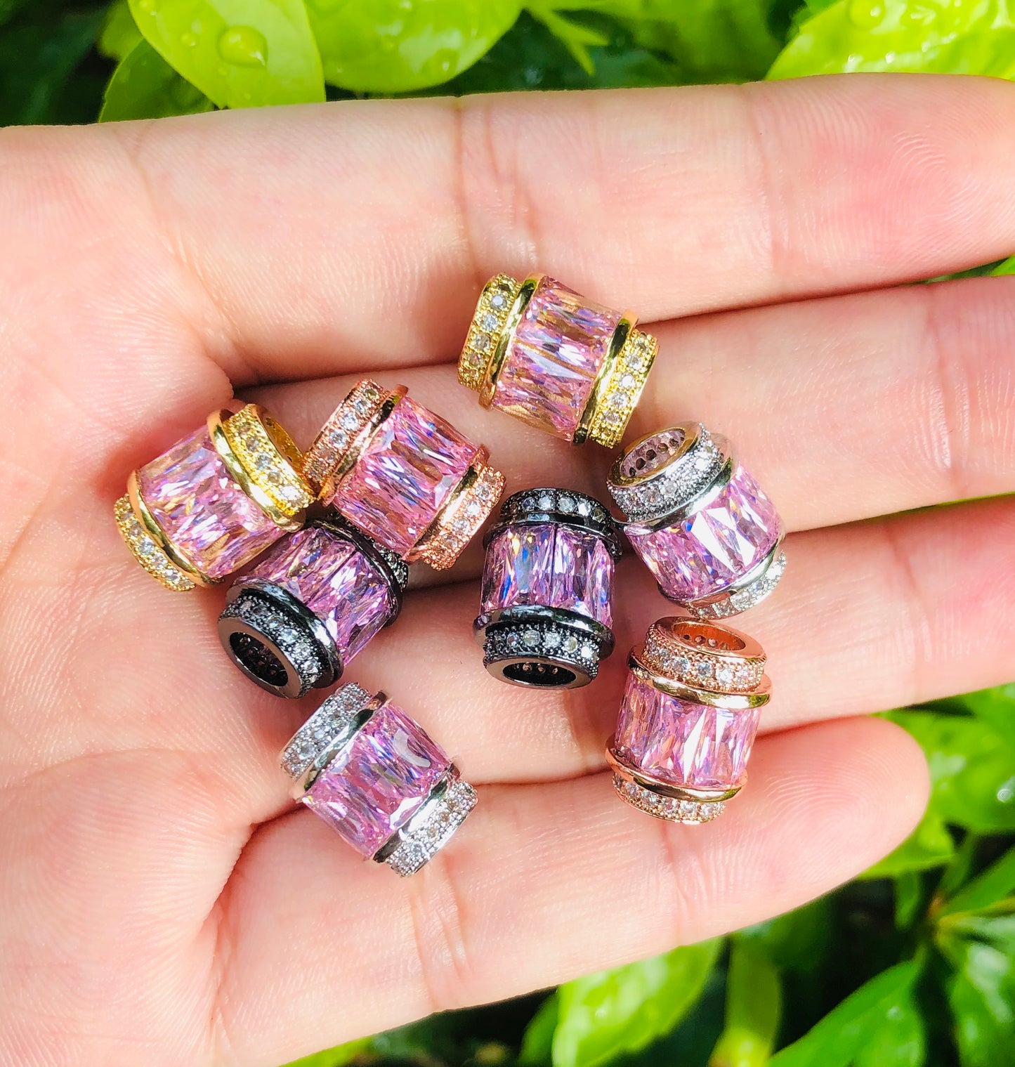 10pcs/lot 12*10mm Pink CZ Paved Big Hole Spacers CZ Paved Spacers Big Hole Beads New Spacers Arrivals Charms Beads Beyond