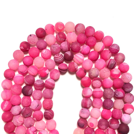 2 Strands/lot 10mm Matte Fuchsia Banded Agate Round Stone Beads Stone Beads Breast Cancer Awareness New Beads Arrivals Round Agate Beads Charms Beads Beyond